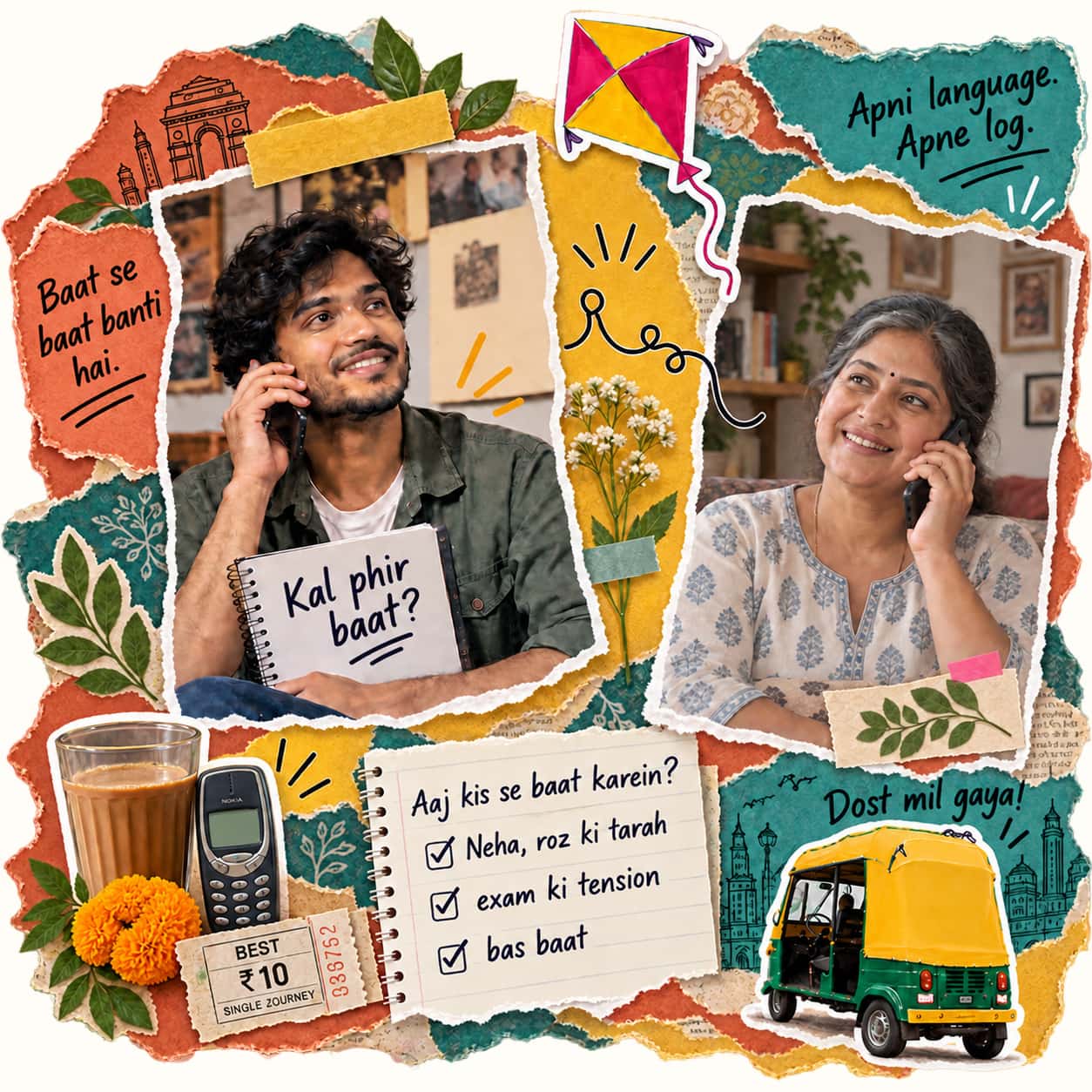 Terracotta, mustard and teal paper collage: a man and woman on calls, a handwritten Aaj kis se baat karein checklist with Neha, exam ki tension and bas baat, chai and everyday Indian keepsakes.