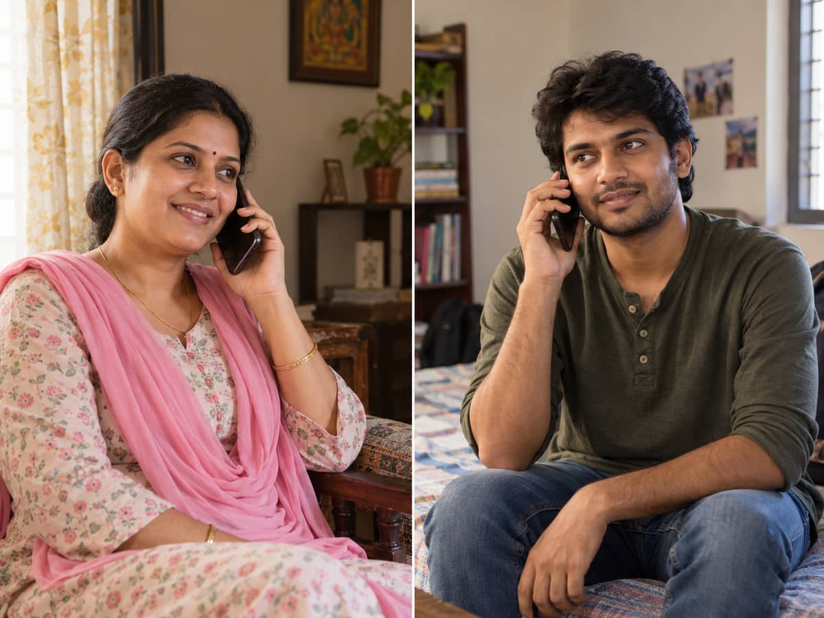 A woman and a man smiling on their separate phone calls, shown side by side.