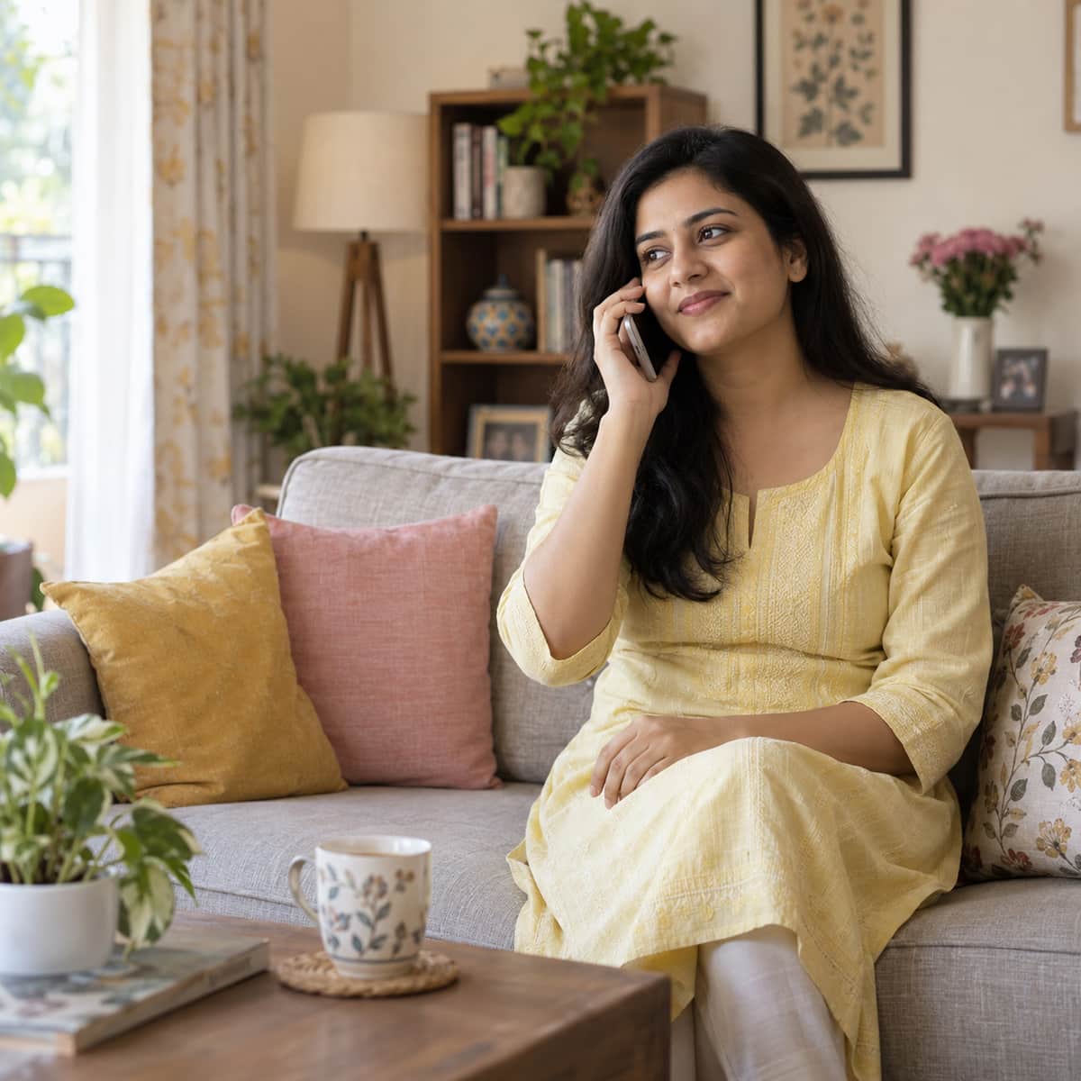 Woman in a cotton kurta talking on the phone at home