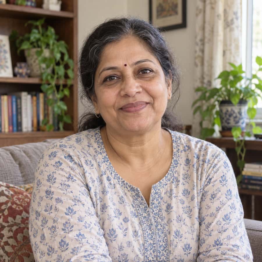 Illustrative portrait of middle-aged host Ananya