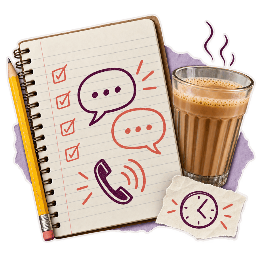 Torn-paper notebook with phone conversation doodles, pencil and chai